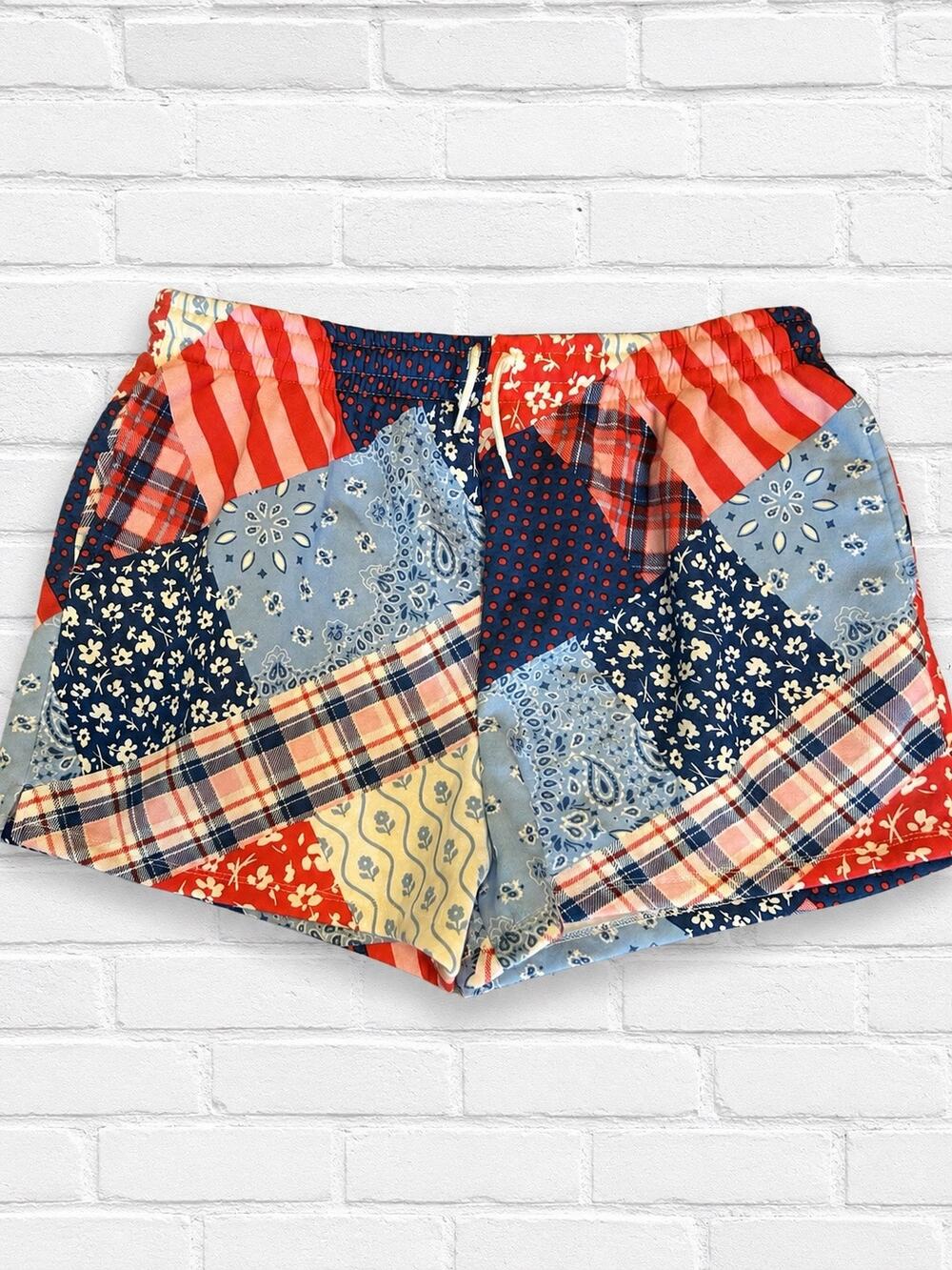 Mighty Fine Women’s 1X Patchwork Print Shorts Elastic Waist Boho Red Blue